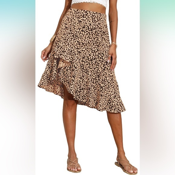 PRETTYGARDEN Women's Chiffon Leopard High Waist Ruffle Asymmetrical Midi Skirt - Picture 2 of 3